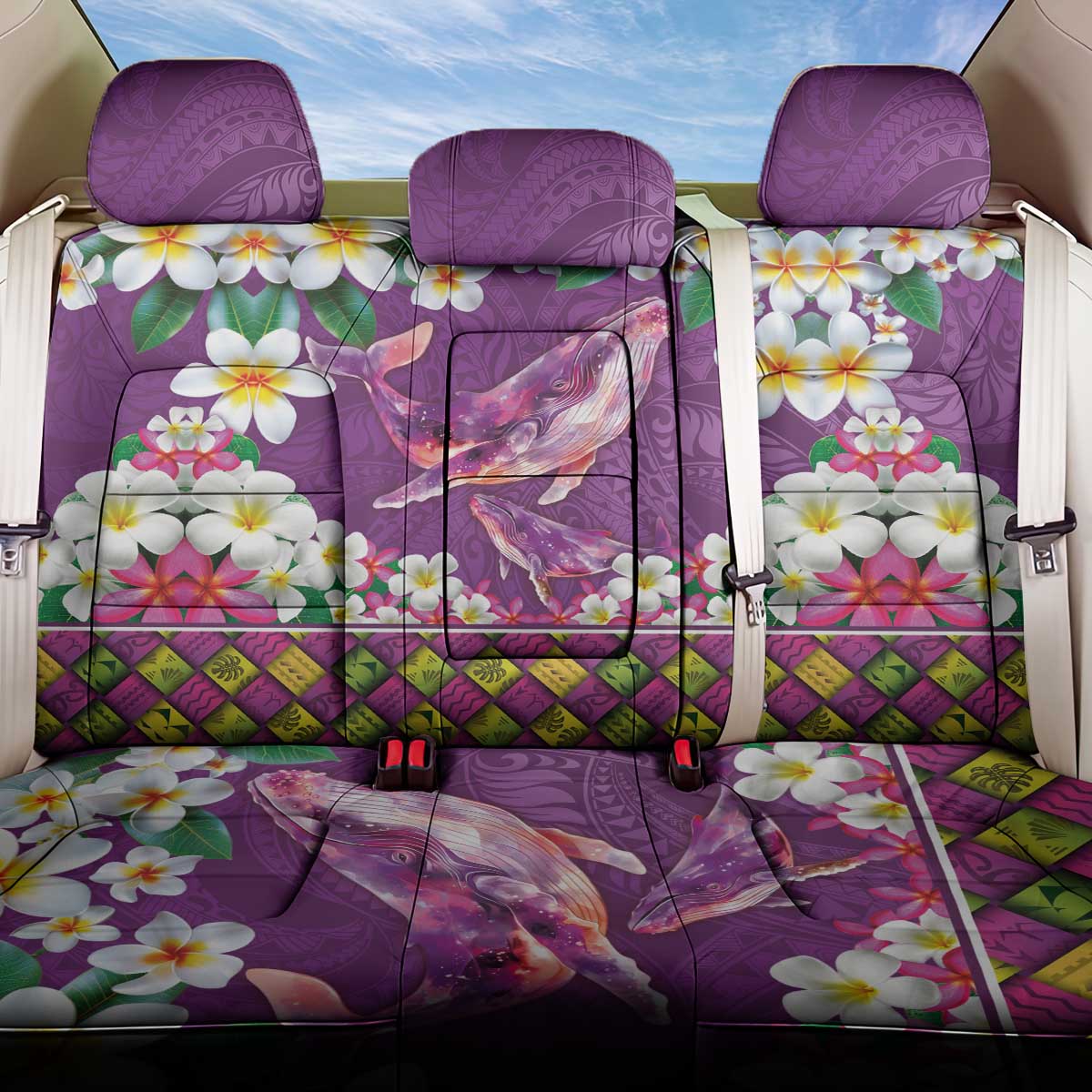 Hawaiian Plumeria and Humpback Whales Back Car Seat Cover Polynerian Art Tattoo-Mauve Color LT03 One Size Purple - Polynesian Pride