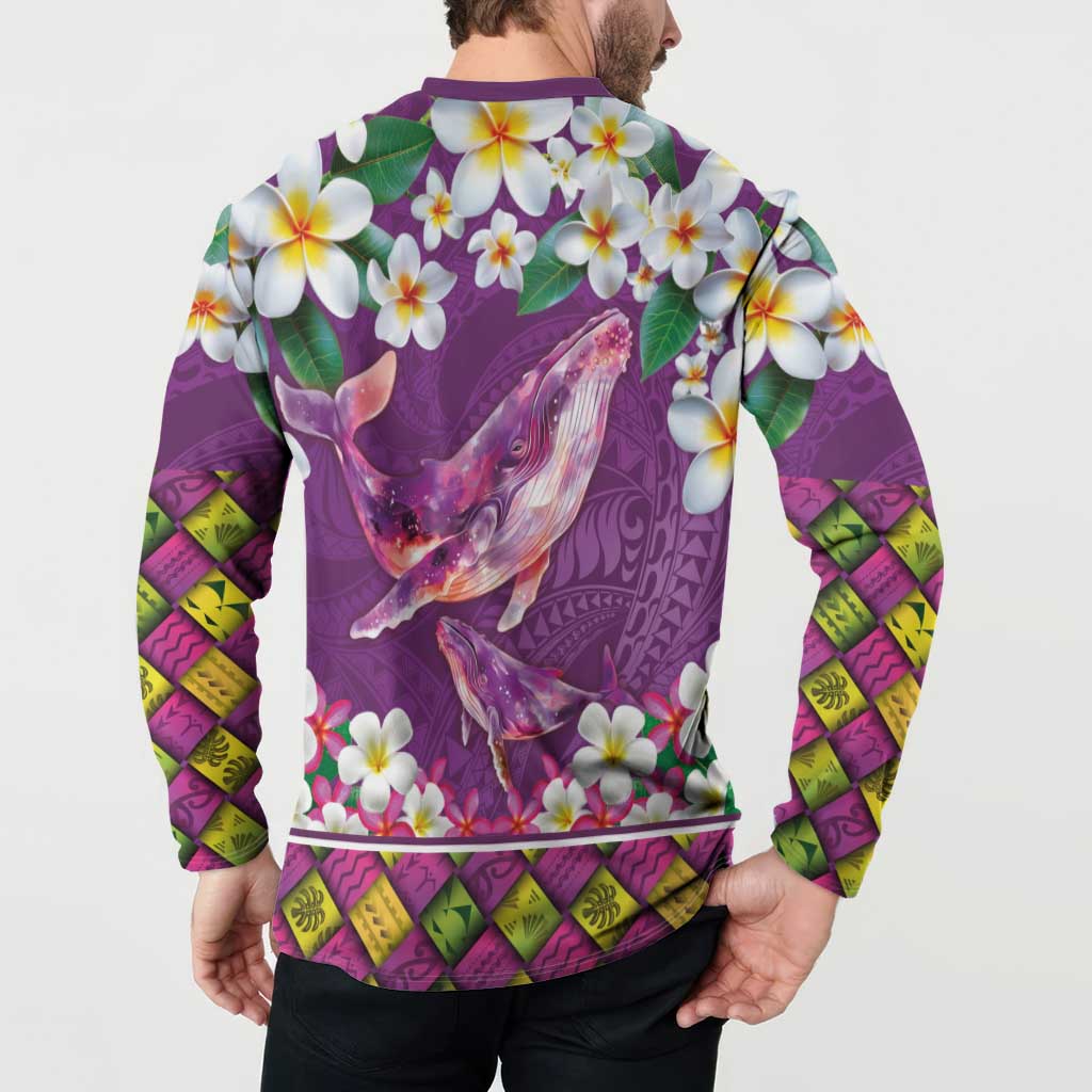 Hawaiian Plumeria and Humpback Whales Button Sweatshirt Polynerian Art Tattoo-Mauve Color