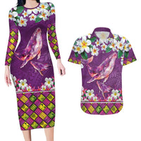 Hawaiian Plumeria and Humpback Whales Couples Matching Long Sleeve Bodycon Dress and Hawaiian Shirt Polynerian Art Tattoo-Mauve Color