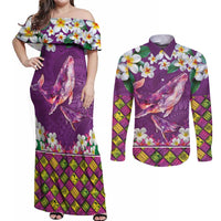 Hawaiian Plumeria and Humpback Whales Couples Matching Off Shoulder Maxi Dress and Long Sleeve Button Shirt Polynerian Art Tattoo-Mauve Color