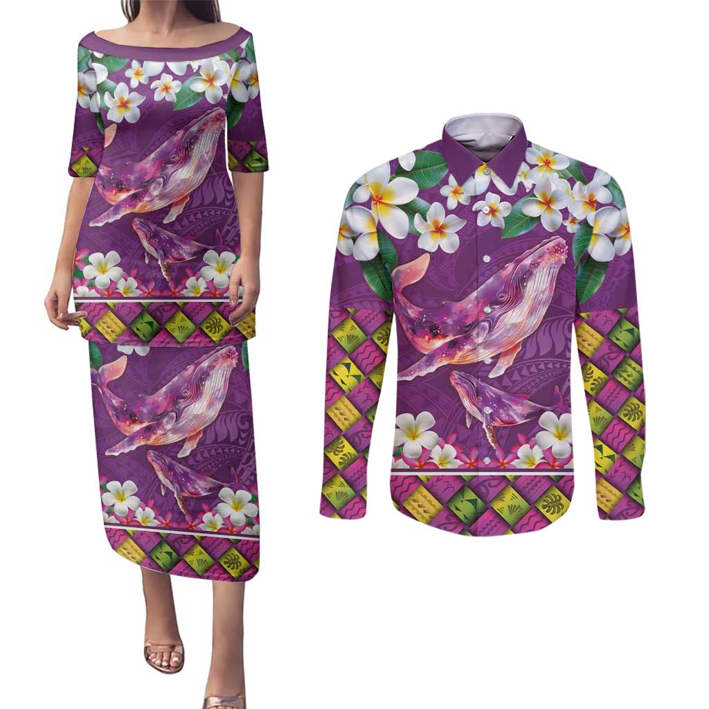Hawaiian Plumeria and Humpback Whales Couples Matching Puletasi and Long Sleeve Button Shirt Polynerian Art Tattoo-Mauve Color LT03 Purple - Polynesian Pride