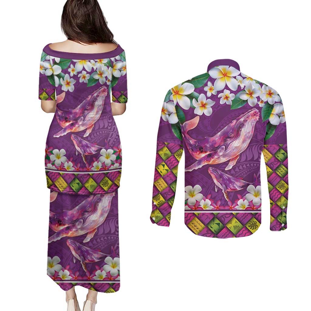 Hawaiian Plumeria and Humpback Whales Couples Matching Puletasi and Long Sleeve Button Shirt Polynerian Art Tattoo-Mauve Color LT03 - Polynesian Pride