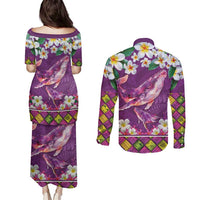 Hawaiian Plumeria and Humpback Whales Couples Matching Puletasi and Long Sleeve Button Shirt Polynerian Art Tattoo-Mauve Color LT03 - Polynesian Pride