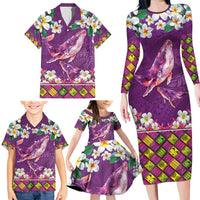 Hawaiian Plumeria and Humpback Whales Family Matching Long Sleeve Bodycon Dress and Hawaiian Shirt Polynerian Art Tattoo-Mauve Color