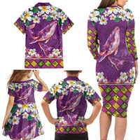 Hawaiian Plumeria and Humpback Whales Family Matching Long Sleeve Bodycon Dress and Hawaiian Shirt Polynerian Art Tattoo-Mauve Color