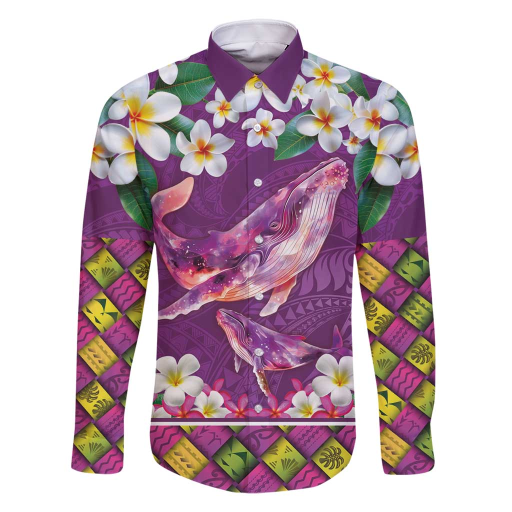 Hawaiian Plumeria and Humpback Whales Family Matching Mermaid Dress and Hawaiian Shirt Polynerian Art Tattoo-Mauve Color LT03 Dad's Shirt - Long Sleeve Purple - Polynesian Pride