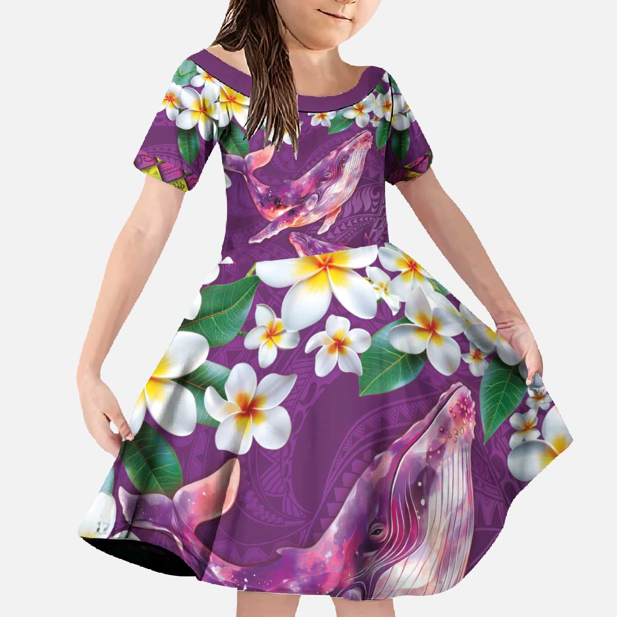 Hawaiian Plumeria and Humpback Whales Family Matching Off The Shoulder Long Sleeve Dress and Hawaiian Shirt Polynerian Art Tattoo-Mauve Color