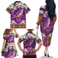 Hawaiian Plumeria and Humpback Whales Family Matching Off The Shoulder Long Sleeve Dress and Hawaiian Shirt Polynerian Art Tattoo-Mauve Color