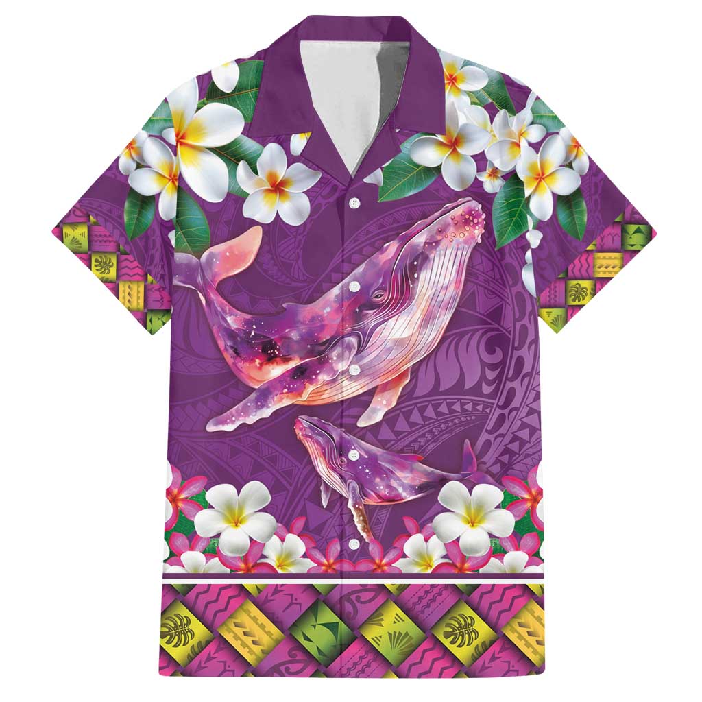 Hawaiian Plumeria and Humpback Whales Family Matching Off Shoulder Maxi Dress and Hawaiian Shirt Polynerian Art Tattoo-Mauve Color LT03 Dad's Shirt - Short Sleeve Purple - Polynesian Pride