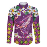 Hawaiian Plumeria and Humpback Whales Family Matching Off Shoulder Maxi Dress and Hawaiian Shirt Polynerian Art Tattoo-Mauve Color LT03 Dad's Shirt - Long Sleeve Purple - Polynesian Pride