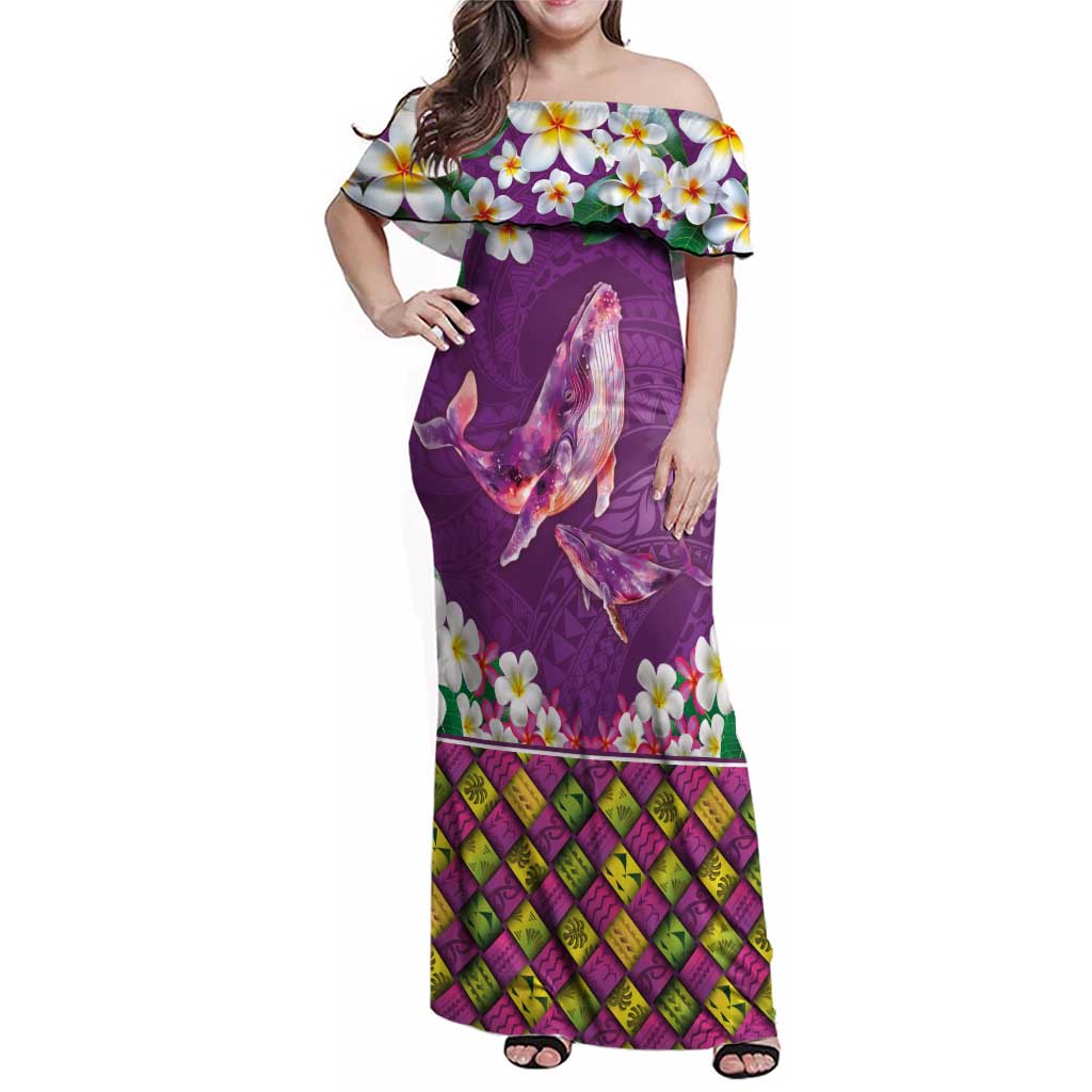 Hawaiian Plumeria and Humpback Whales Family Matching Off Shoulder Maxi Dress and Hawaiian Shirt Polynerian Art Tattoo-Mauve Color LT03 Mom's Dress Purple - Polynesian Pride
