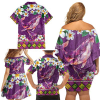 Hawaiian Plumeria and Humpback Whales Family Matching Off Shoulder Short Dress and Hawaiian Shirt Polynerian Art Tattoo-Mauve Color
