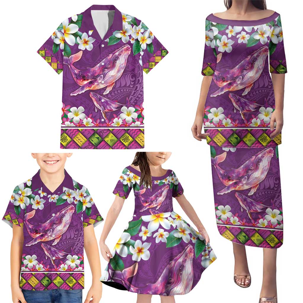 Hawaiian Plumeria and Humpback Whales Family Matching Puletasi and Hawaiian Shirt Polynerian Art Tattoo-Mauve Color LT03 - Polynesian Pride