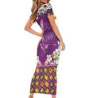 Hawaiian Plumeria and Humpback Whales Family Matching Short Sleeve Bodycon Dress and Hawaiian Shirt Polynerian Art Tattoo-Mauve Color