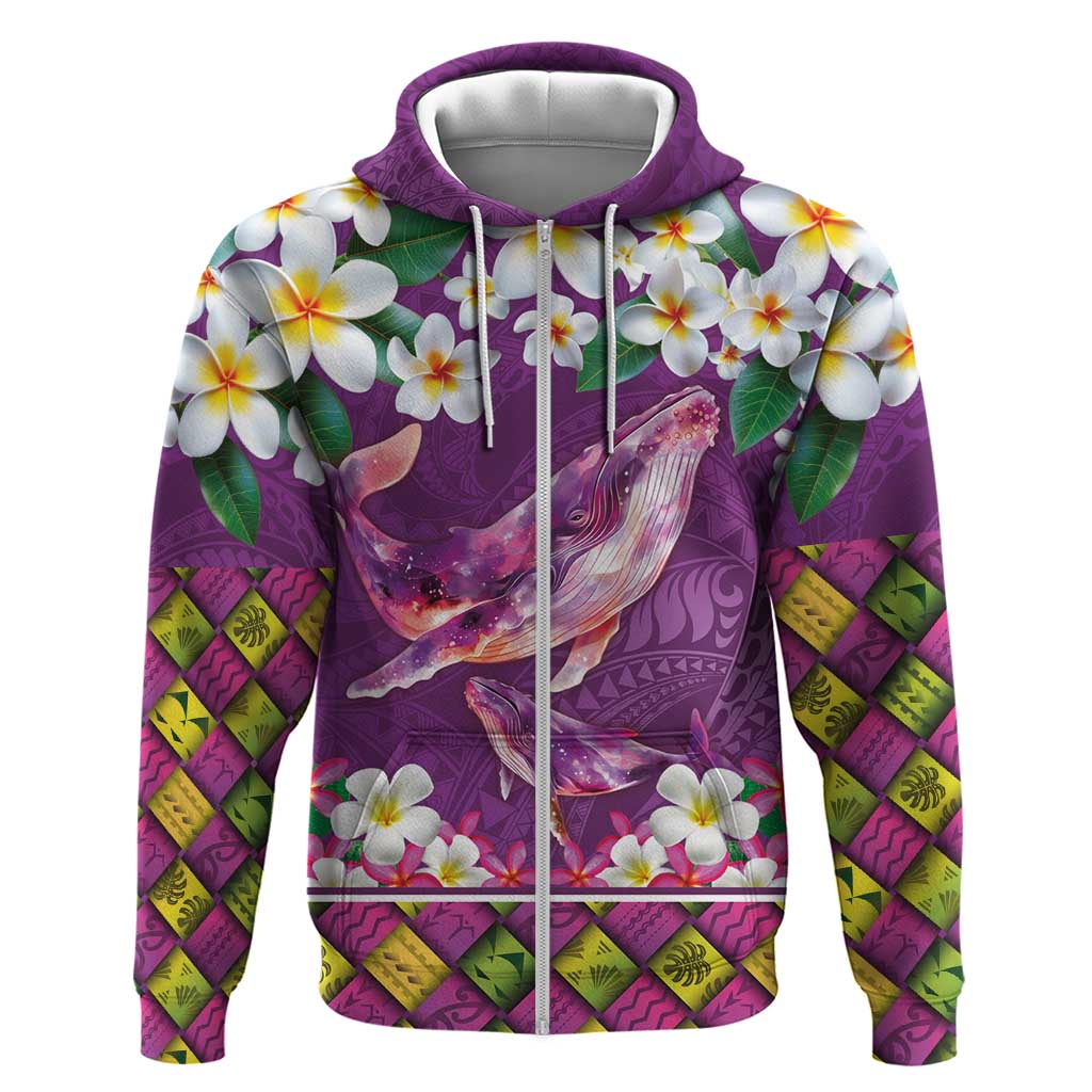 Hawaiian Plumeria and Humpback Whales Hoodie Polynerian Art Tattoo-Mauve Color LT03 Zip Hoodie Purple - Polynesian Pride