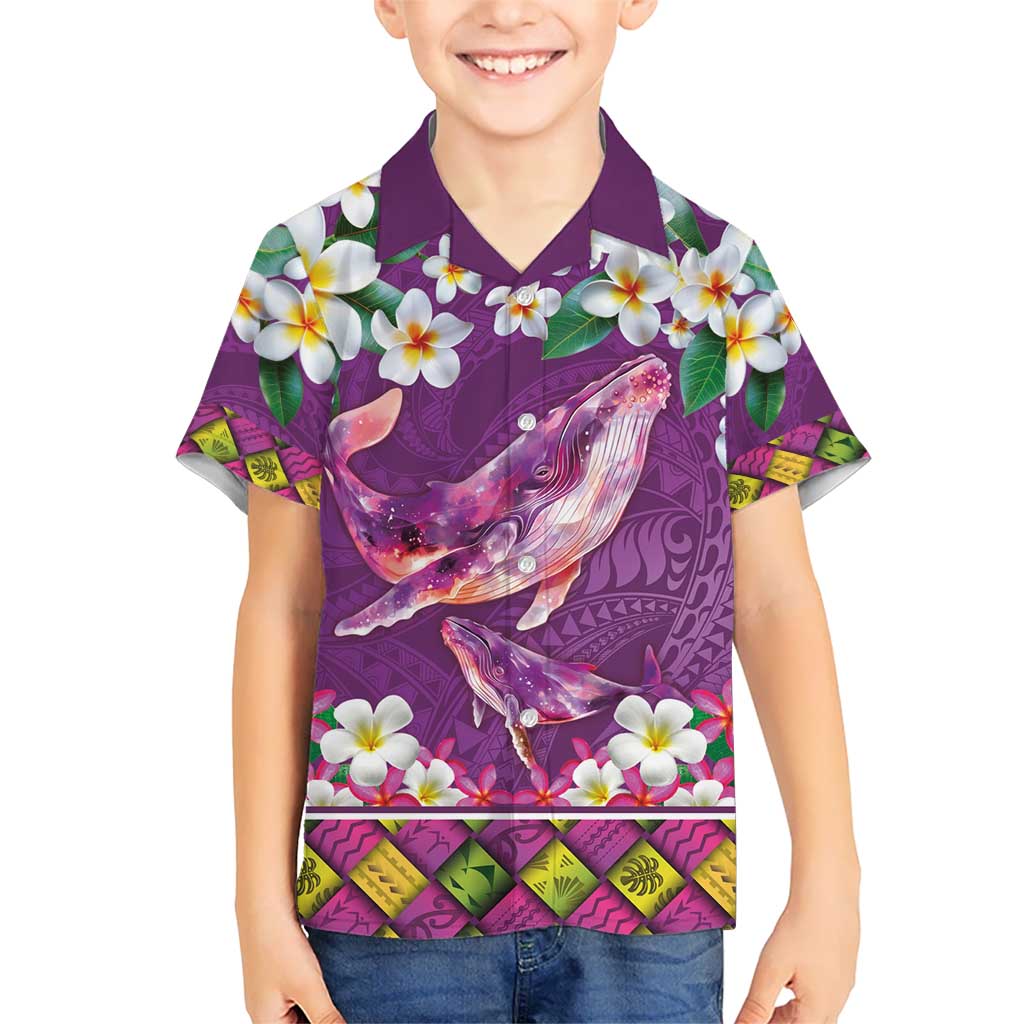 Hawaiian Plumeria and Humpback Whales Kid Hawaiian Shirt Polynerian Art Tattoo-Mauve Color LT03 Kid Purple - Polynesian Pride