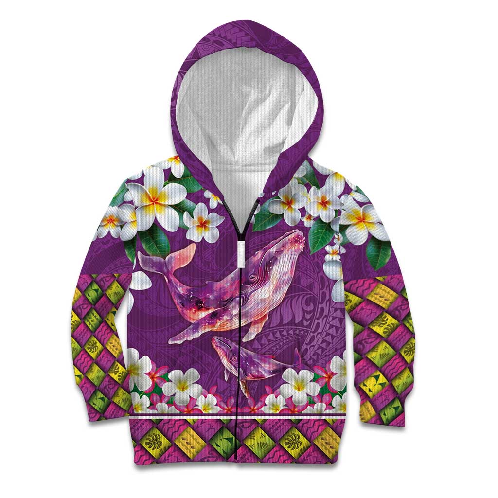 Hawaiian Plumeria and Humpback Whales Kid Hoodie Polynerian Art Tattoo-Mauve Color LT03 Zip Hoodie Purple - Polynesian Pride