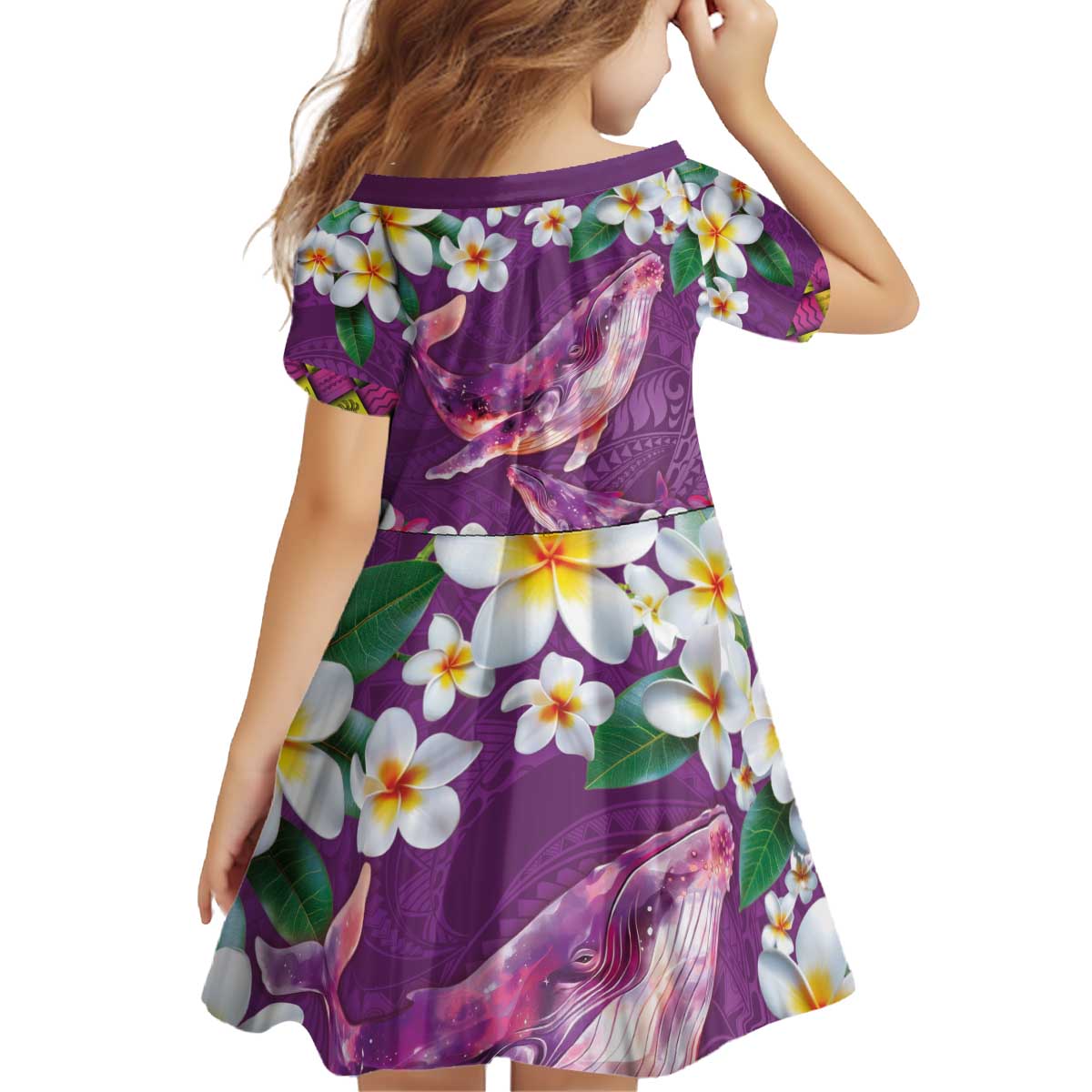 Hawaiian Plumeria and Humpback Whales Kid Short Sleeve Dress Polynerian Art Tattoo-Mauve Color LT03 - Polynesian Pride