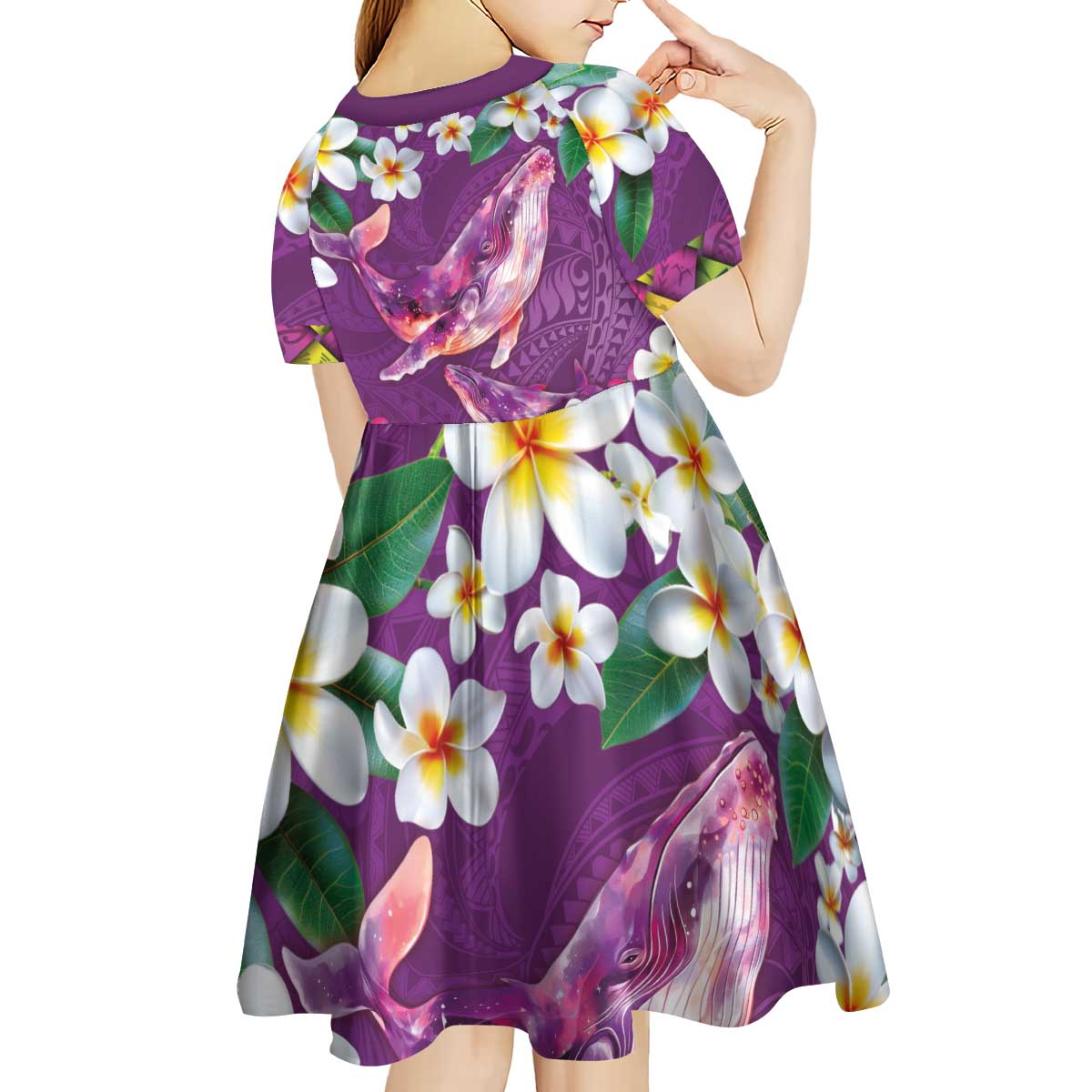 Hawaiian Plumeria and Humpback Whales Kid Short Sleeve Dress Polynerian Art Tattoo-Mauve Color LT03 - Polynesian Pride