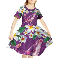Hawaiian Plumeria and Humpback Whales Kid Short Sleeve Dress Polynerian Art Tattoo-Mauve Color LT03 - Polynesian Pride