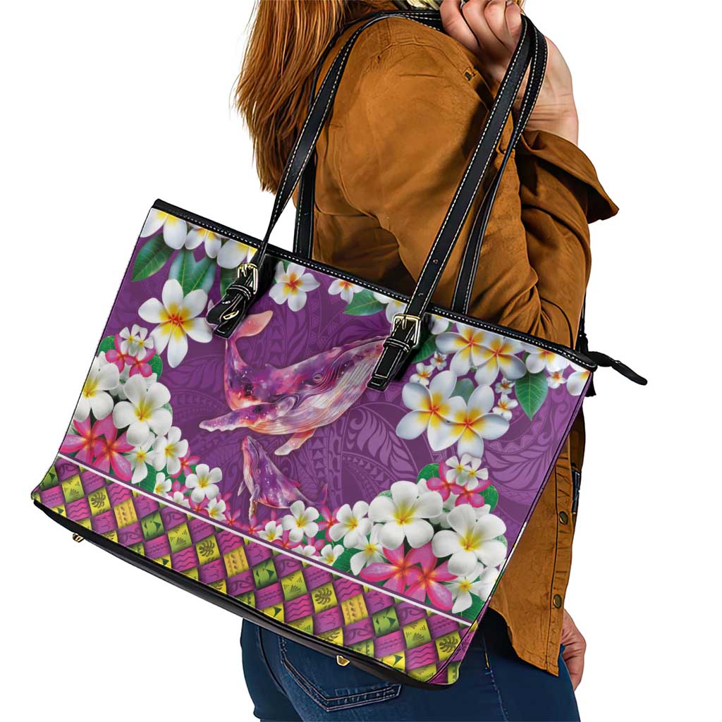 Hawaiian Plumeria and Humpback Whales Leather Tote Bag Polynerian Art Tattoo-Mauve Color LT03 - Polynesian Pride