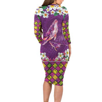 Hawaiian Plumeria and Humpback Whales Long Sleeve Bodycon Dress Polynerian Art Tattoo-Mauve Color LT03 - Polynesian Pride