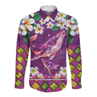 Hawaiian Plumeria and Humpback Whales Long Sleeve Button Shirt Polynerian Art Tattoo-Mauve Color LT03 Unisex Purple - Polynesian Pride