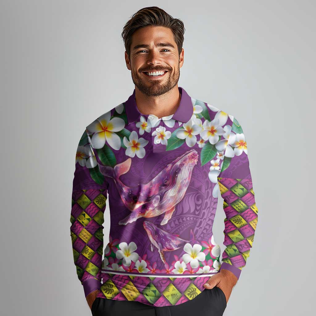 Hawaiian Plumeria and Humpback Whales Long Sleeve Polo Shirt Polynerian Art Tattoo-Mauve Color LT03 - Polynesian Pride