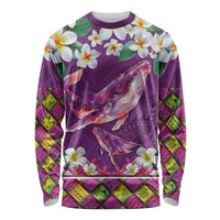 Hawaiian Plumeria and Humpback Whales Long Sleeve Shirt Polynerian Art Tattoo-Mauve Color LT03 Unisex Purple - Polynesian Pride