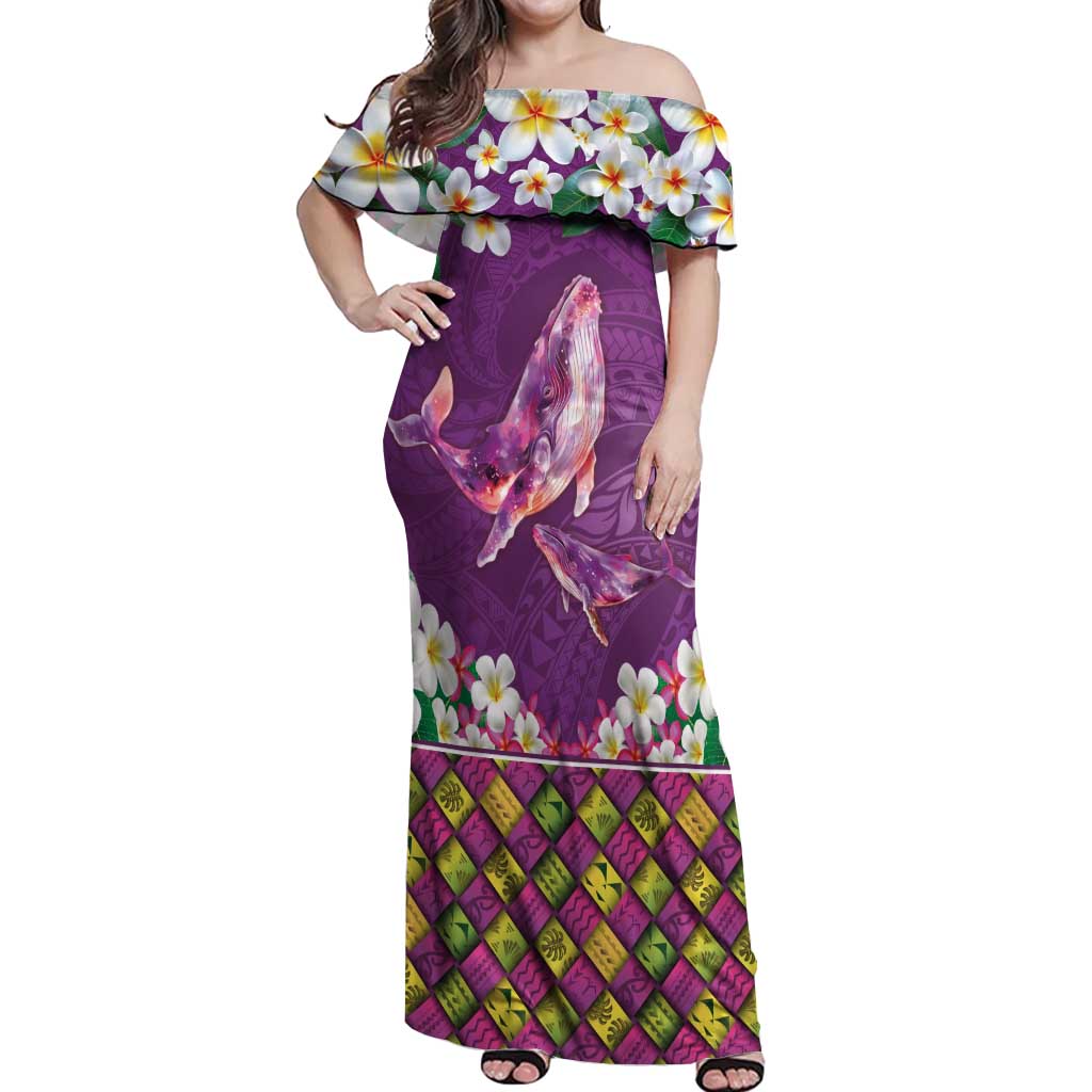 Hawaiian Plumeria and Humpback Whales Off Shoulder Maxi Dress Polynerian Art Tattoo-Mauve Color LT03 Women Purple - Polynesian Pride