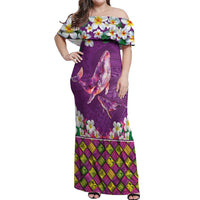 Hawaiian Plumeria and Humpback Whales Off Shoulder Maxi Dress Polynerian Art Tattoo-Mauve Color LT03 Women Purple - Polynesian Pride