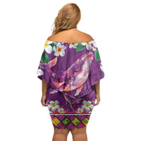 Hawaiian Plumeria and Humpback Whales Off Shoulder Short Dress Polynerian Art Tattoo-Mauve Color LT03 - Polynesian Pride