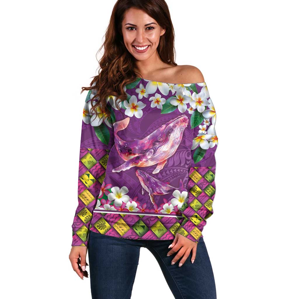 Hawaiian Plumeria and Humpback Whales Off Shoulder Sweater Polynerian Art Tattoo-Mauve Color LT03 Women Purple - Polynesian Pride
