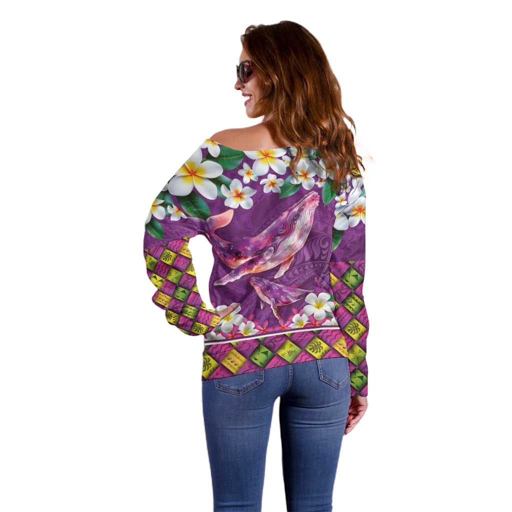 Hawaiian Plumeria and Humpback Whales Off Shoulder Sweater Polynerian Art Tattoo-Mauve Color LT03 - Polynesian Pride