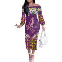 Hawaiian Plumeria and Humpback Whales Off The Shoulder Long Sleeve Dress Polynerian Art Tattoo-Mauve Color LT03 Women Purple - Polynesian Pride