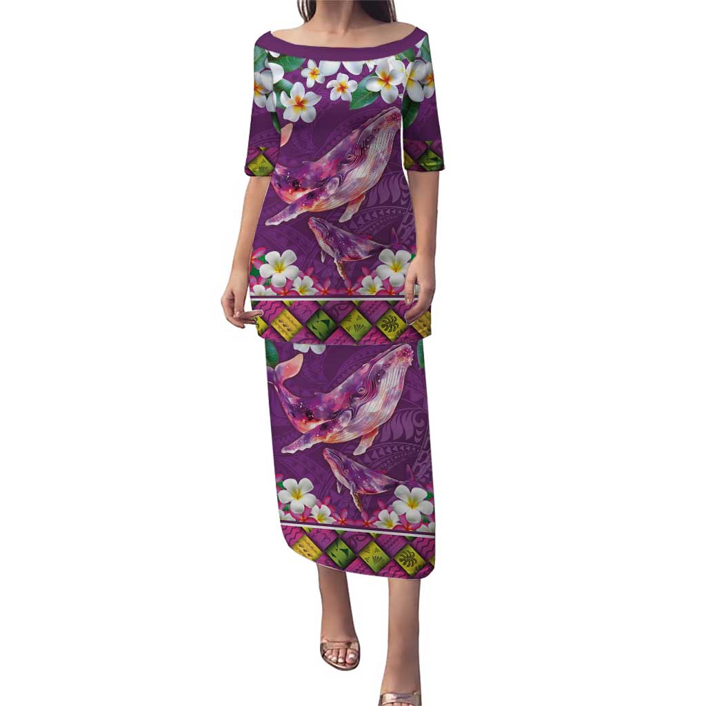 Hawaiian Plumeria and Humpback Whales Puletasi Polynerian Art Tattoo-Mauve Color LT03 Long Dress Purple - Polynesian Pride