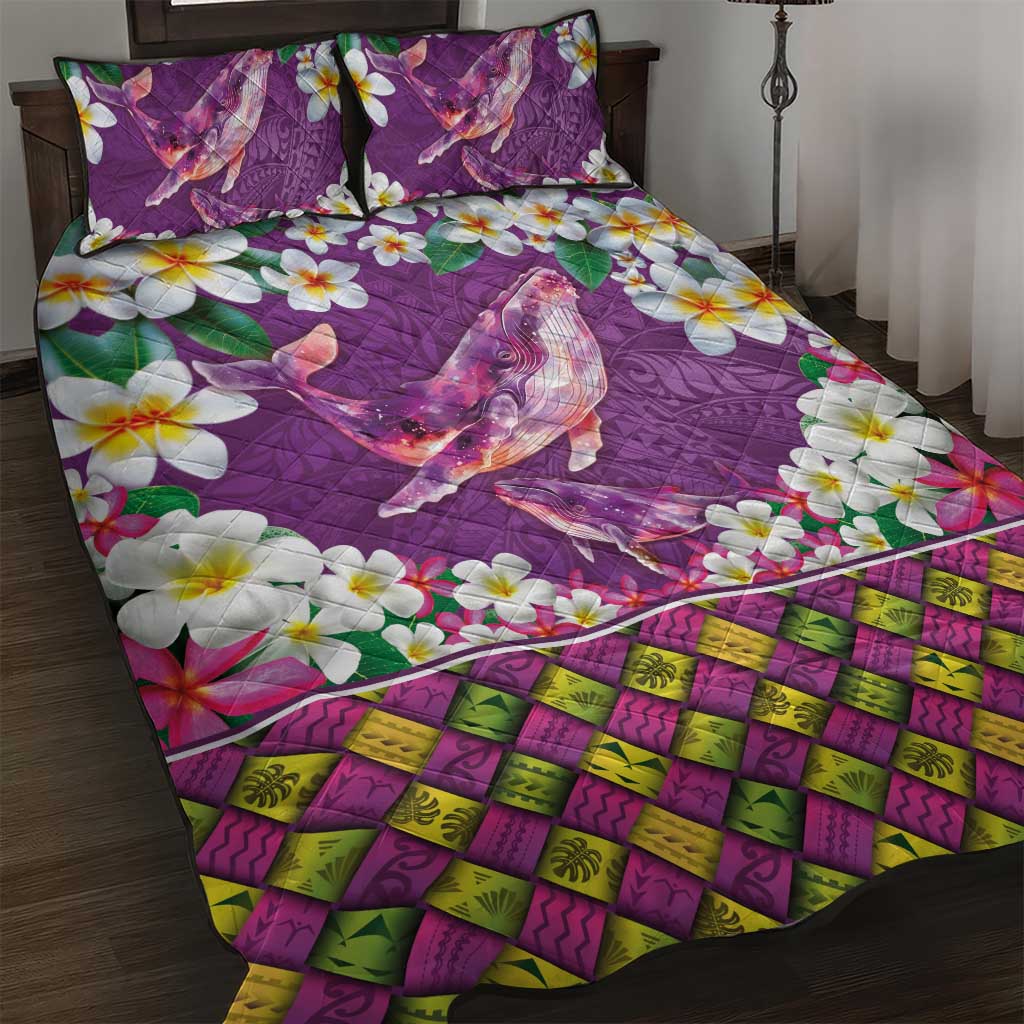 Hawaiian Plumeria and Humpback Whales Quilt Bed Set Polynerian Art Tattoo-Mauve Color LT03 Purple - Polynesian Pride