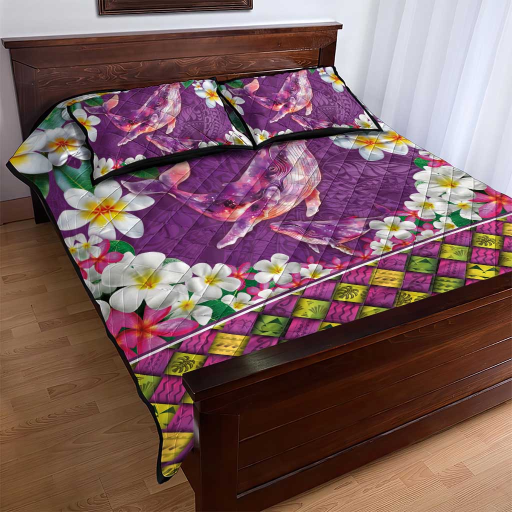 Hawaiian Plumeria and Humpback Whales Quilt Bed Set Polynerian Art Tattoo-Mauve Color LT03 - Polynesian Pride