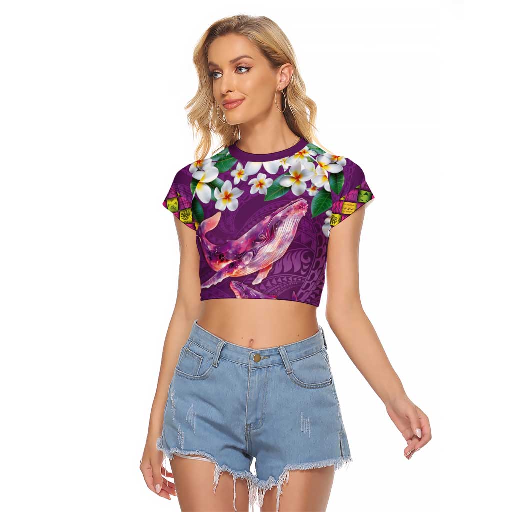 Hawaiian Plumeria and Humpback Whales Raglan Cropped T Shirt Polynerian Art Tattoo-Mauve Color