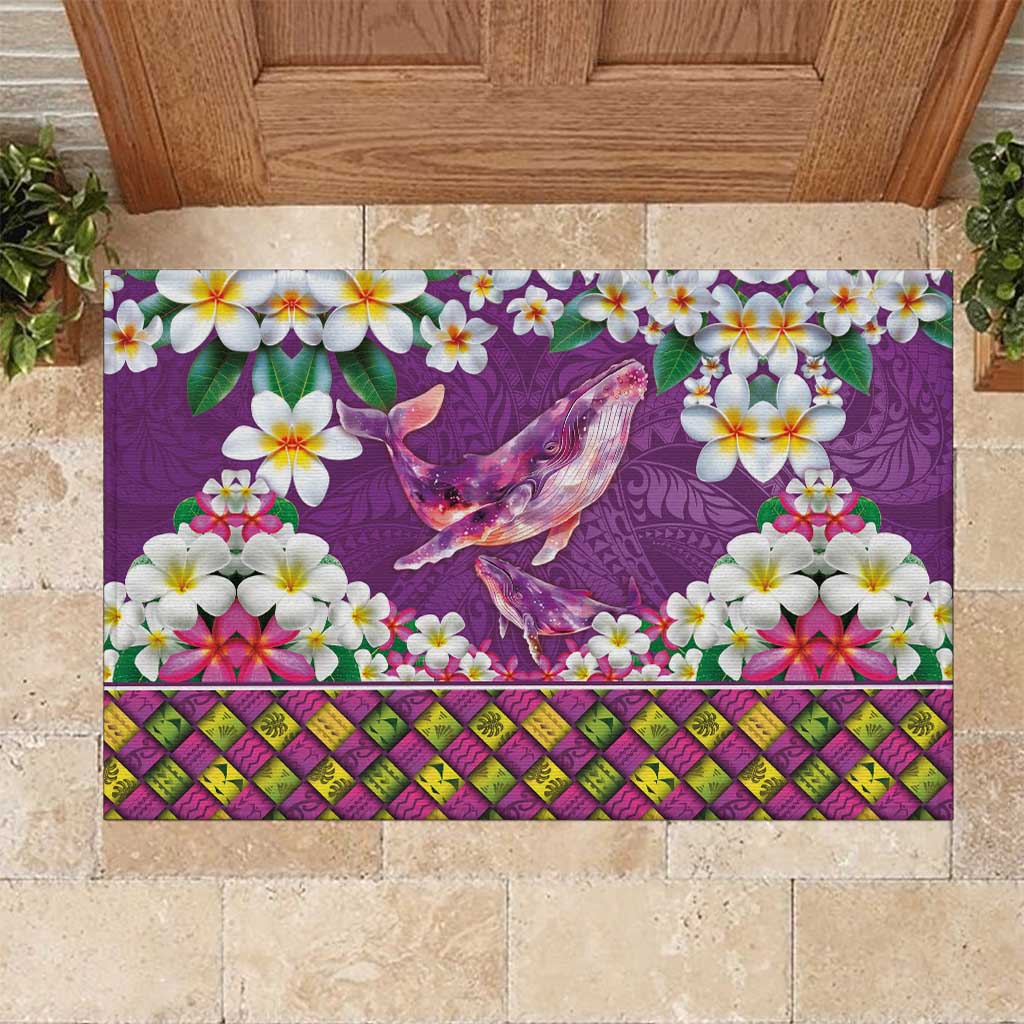 Hawaiian Plumeria and Humpback Whales Rubber Doormat Polynerian Art Tattoo-Mauve Color