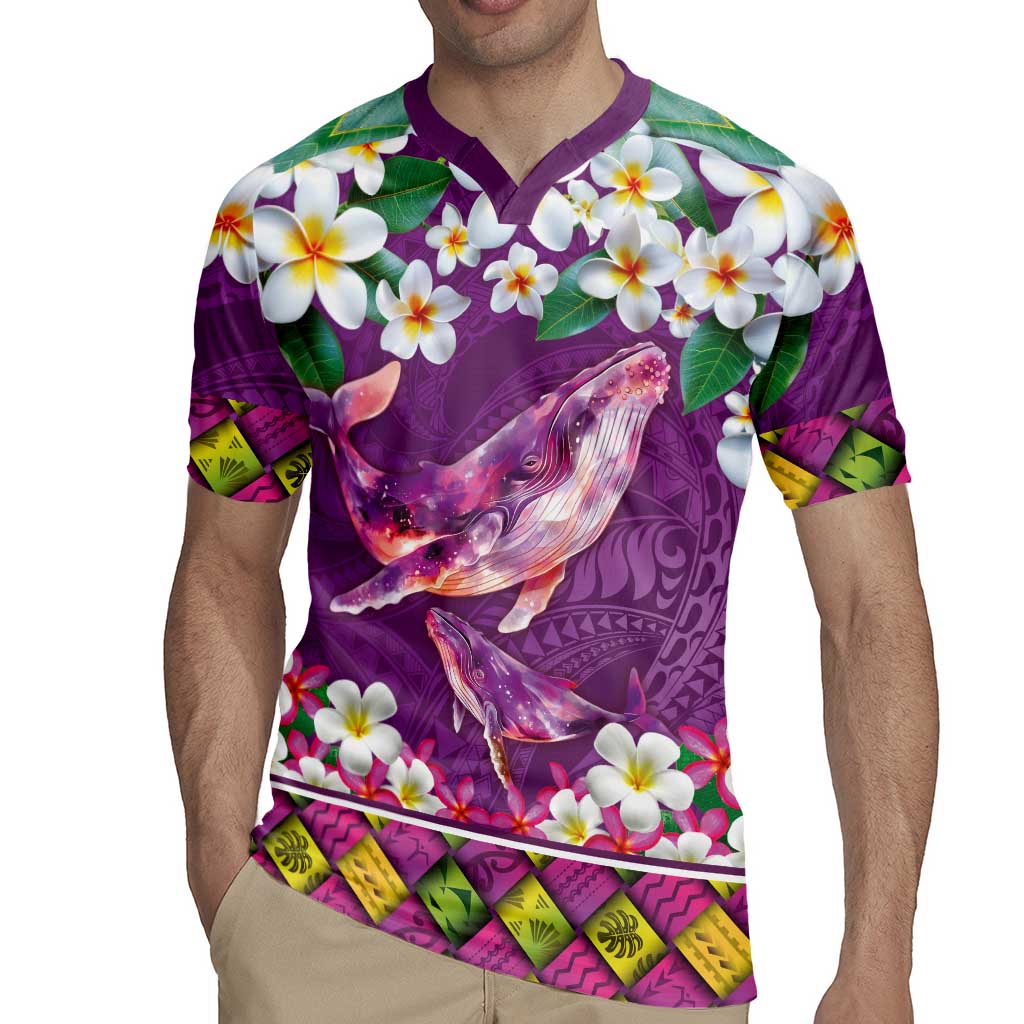 Hawaiian Plumeria and Humpback Whales Rugby Jersey Polynerian Art Tattoo-Mauve Color LT03 - Polynesian Pride