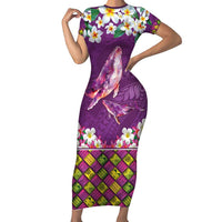 Hawaiian Plumeria and Humpback Whales Short Sleeve Bodycon Dress Polynerian Art Tattoo-Mauve Color LT03 Long Dress Purple - Polynesian Pride