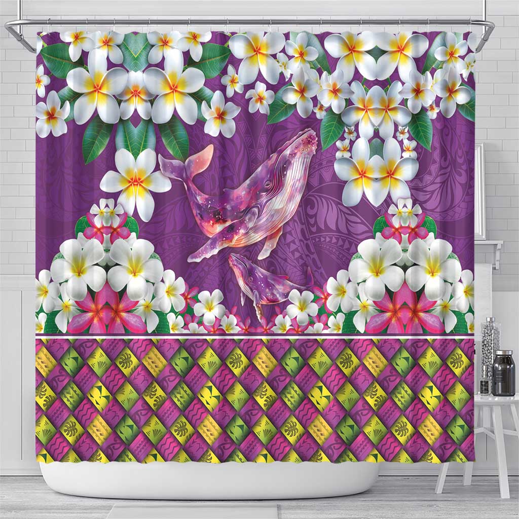 Hawaiian Plumeria and Humpback Whales Shower Curtain Polynerian Art Tattoo-Mauve Color LT03 - Polynesian Pride