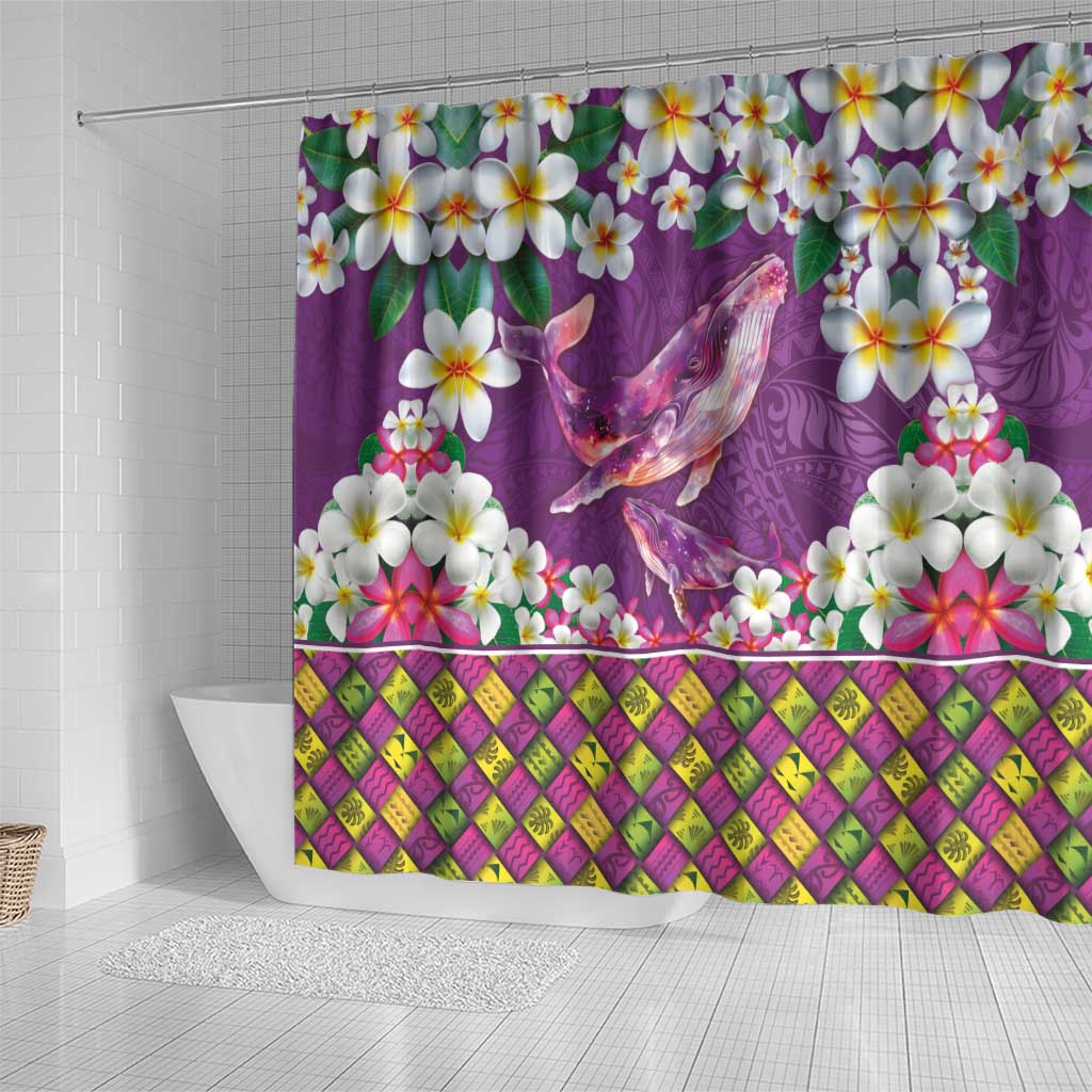 Hawaiian Plumeria and Humpback Whales Shower Curtain Polynerian Art Tattoo-Mauve Color LT03 - Polynesian Pride