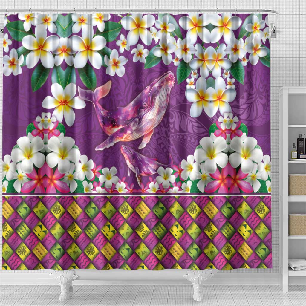 Hawaiian Plumeria and Humpback Whales Shower Curtain Polynerian Art Tattoo-Mauve Color LT03 - Polynesian Pride