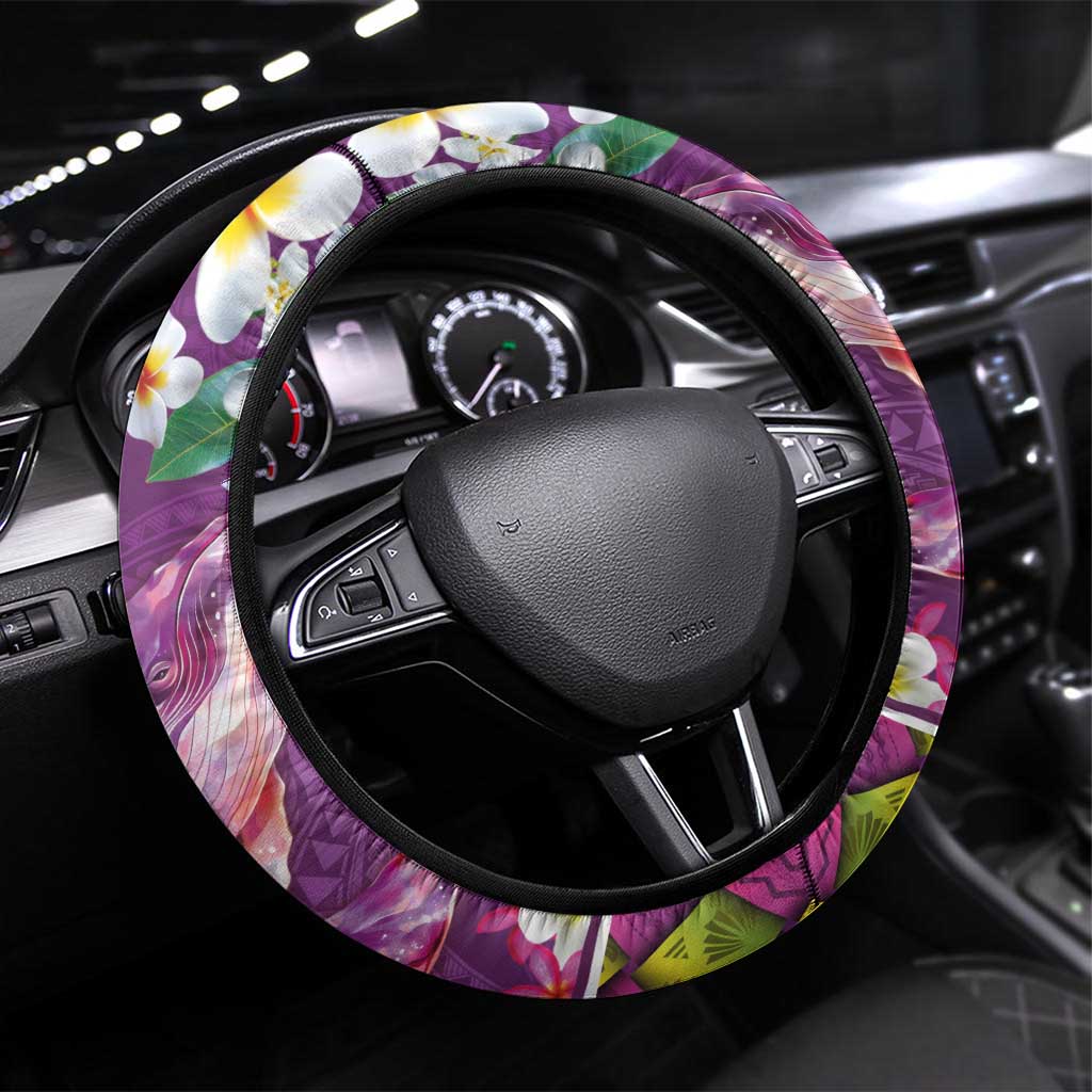 Hawaiian Plumeria and Humpback Whales Steering Wheel Cover Polynerian Art Tattoo-Mauve Color LT03 Universal Fit Purple - Polynesian Pride