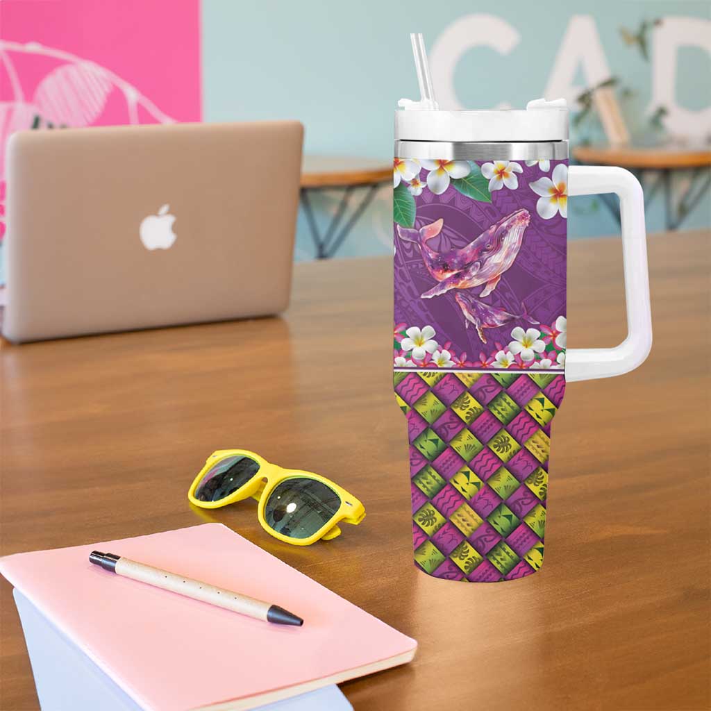 Hawaiian Plumeria and Humpback Whales Tumbler With Handle Polynerian Art Tattoo-Mauve Color LT03 - Polynesian Pride