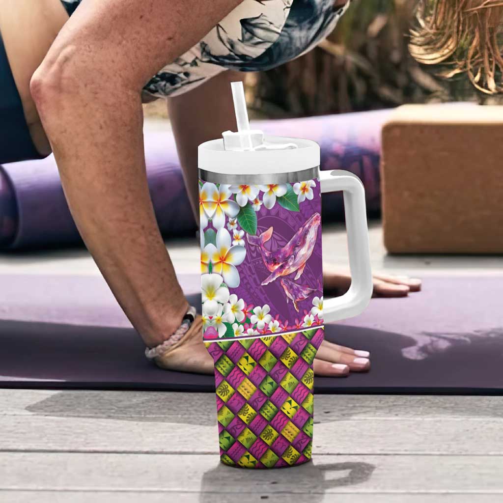 Hawaiian Plumeria and Humpback Whales Tumbler With Handle Polynerian Art Tattoo-Mauve Color LT03 - Polynesian Pride