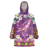 Hawaiian Plumeria and Humpback Whales Wearable Blanket Hoodie Polynerian Art Tattoo-Mauve Color LT03 One Size Purple - Polynesian Pride