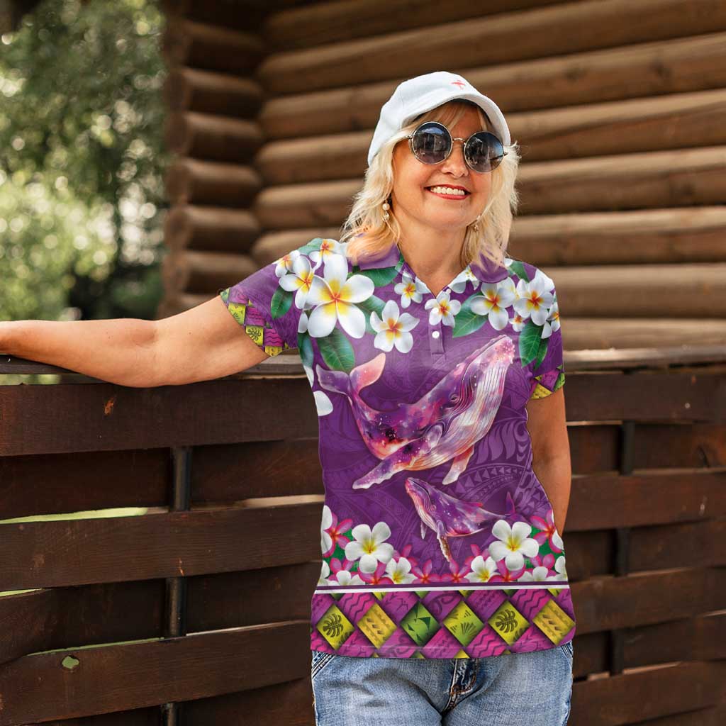 Hawaiian Plumeria and Humpback Whales Women Polo Shirt Polynerian Art Tattoo-Mauve Color LT03 - Polynesian Pride